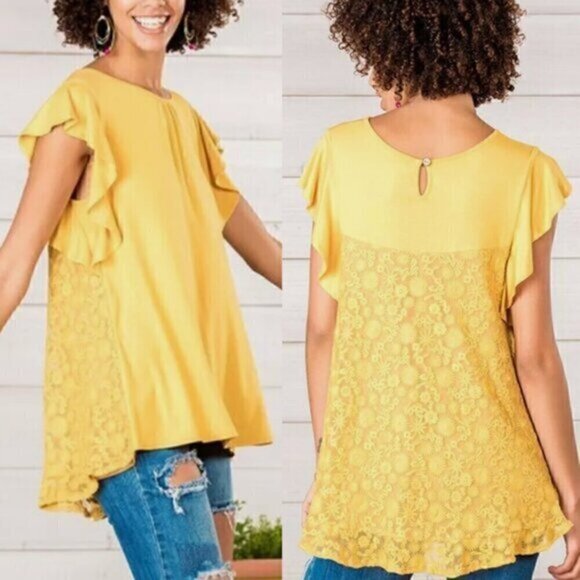 MATILDA JANE Bocce Ball Lace Accent Top Mustard Yellow Lace Back Short Sleeve M - Picture 1 of 16